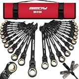 Premium 24-Piece Flex-Head Ratcheting Wrench Set, Metric(8–19mm)& SAE(1/4-7/8") Combination Wrenches, 72-Tooth CR-V Steel with Durable Black Finish, Ratchet Spanners with Roll-Up Tool Pouch for Repair
