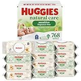 Huggies Natural Care Sensitive Baby Wipes, Unscented, Hypoallergenic, 99% Purified Water, 12 Flip-Top Packs (768 Wipes Total), Packaging May Vary