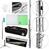 Rhythm C Flutes with Engraved Flower Closed Hole 16 Keys Flute For Student, Beginner with Stand, Carrying Case,Gloves,Joint Grease, Tuning Rod, Nickel