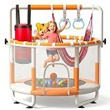 KINETRA 55" Kids Indoor Trampoline with Safety Net, Adjustable Gymnastics Bar & Toys – Indoor/Outdoor Toddler Play Gym for Boys & Girls Ages 3+, Birthday Gifts (White (Powder-Coated))