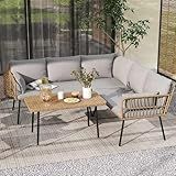 DWVO 4-Piece Outdoor Sectional Sofa Set, All-Weather Wicker L-Shaped 5-Seater Patio Furniture with Removable Cushions & Side Table, Boho Conversation Set for Backyard, Porch, Deck (Grey)