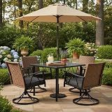 Andehomy 5-Piece Patio Dining Set for 4，Outdoor Dining Set with Wicker Swivel Patio Dining Chairs with Cushions & 1 Black Square Woodgrain Dining Table with 1.75”Market Umbrella Hole, Black & Brown