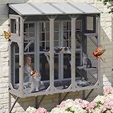 PetsCosset Cat Window Box Wooden Window Catio for Indoor Cats, Cat Enclosure with 4 Platforms & 3 Doors, Wall-Mounted Perch for Sunbathing, Play & Tunnel Connection, All-Weather Use, Keeps Insects Out
