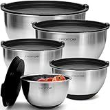 Priority Chef Premium Mixing Bowls With Lids Set, Airtight Lids, Thicker Stainless Steel, Non-Slip Base, 5 Nesting Steel Bowls for Kitchen, Large Prep Metal Bowl Set 1.5/2/3/4/5 Qt, Black