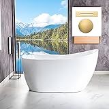 WOODBRIDGE 54"Freestanding White Acylic Soaking Bathtub with Brushed Gold Drain and Overflow,B0006-BG