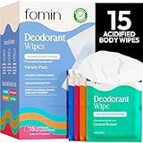 FOMIN Acidified Travel Deodorant Wipes For Women & Men - 15 Count - Variety Pack - pH Balanced, Mini Deodorant Travel Size Wipe - Plastic-Free, Individually Wrapped Underarm Body Wipes