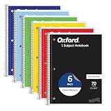 Oxford Spiral Notebook 6 Pack, 1 Subject, College Ruled Paper, 8 x 10-1/2 Inch, Color Assortment Design May Vary (65007)