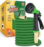 Flexi Hose with 8 Function Nozzle, 50FT - Lightweight Expandable Garden Hose, No-Kink Flexibility, 3/4 Inch Solid Brass Fittings and Double Latex Core - Green