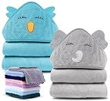 Cute Castle 2 Pack Hooded Baby Towel Rayon Made from Bamboo and 8 Washcloths - Lovely Elephant, Happy Bird