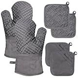 4 Pcs Oven Mitts and Pot Holders,Kitchen Long Oven Glove High Heat Resistant 500 Degree,Extra Thicken Oven Mitts and Potholder with Non-Slip Silicone Surface for Baking,Grilling,Cooking(Grey)