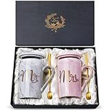 Biching Wedding Gifts for Couples 2026, Gifts for Bridal Shower Engagement Bride and Groom Anniversary, 14oz Ceramic Marble Mr and Mrs Mugs Set with Real Gold Foil, Greeting Card, Luxury Gift Box