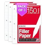 KAISA Filler Paper Loose Leaf Paper, Wide Ruled Paper, 8"x10-1/2", 3-Hole Punched Binder Paper For 3-Ring Binders,150 Sheets/pack 3Pack, F15001W