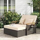 COSTWAY Patio Rattan Daybed, Outdoor Loveseat Sofa with Storage Ottoman