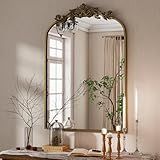 VooBang Vintage Arched Bathroom Mirror, 24x36 Inch Retro Wall Mounted Vanity Mirror with Carved Pattern Top and Metal Frame, Antique Decorative Mirror for Hanging or Leaning
