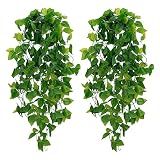 BLEUM CADE Fake Hanging Plants, 2pcs Artificial Pothos Vines Faux Plants Greenery for Wall Home Living Room Office Indoor Outdoor Decor (No Baskets)