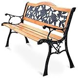 S AFSTAR Outdoor Garden Bench, Patio Bench with Large Rose Cast Backrest & Comfort Wood Seat, 470 LBS Load Capacity, Weather Proof, Durable, Easy to Assemble