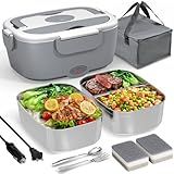 Sitlais Electric Lunch Box for Adults 80W Fast Heating, 1.5L Portable Food Warmer with 2 Stainless Steel Containers, 12V/24V/110V Heated Lunch Box for Car, Truck, Office, Travel, Leak-Proof Design