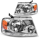 DWVO Halogen Headlight Assembly Compatible with 2004 2005 2006 2007 2008 Ford F150 Pickup 2006 2007 2008 Lincoln Mark LT Passenger and Driver Side Chrome Housing Amber Reflector