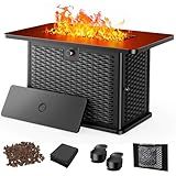 AMADA HOMEFURNISHING 43 Inch Propane Fire Pit Table, 60,000 BTU Gas Fire Pit with Lava Rocks, Waterproof Cover, Removable Lid, Cup Holders, 2-in-1 Fire Table for Patio, Backyard, Garden, Black