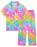 Sylfairy Girls Satin Pajamas Silk PJS Set Rainbow Unicorn Sleepwear Short Sleeve Long Pants Jammies for Toddler Kids Size 6