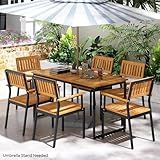 Tangkula 7 Piece Outdoor Dining Set for 6, Acacia Wood Rectangular Dining Table & 6 Armchairs w/Metal Frame, Umbrella Hole, Farmhouse Dining Furniture Set for Garden Porch Poolside Yard