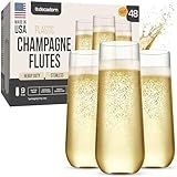 DECADORN Clear Stemless Champagne Flutes Plastic 48 Pack, Made in USA, 9oz Plastic Champagne Glasses - Durable and Sturdy Mimosa Glasses For Parties - Shatterproof, Recyclable, BPA-Free, Smooth Rims
