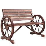 Outsunny 41" Wooden Wagon Wheel Bench, Rustic Outdoor Patio Bench Weather Resistance Furniture, 2-Person Slatted Seat with Backrest, Carbonized