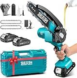 SEESII Mini Chainsaw 6 inch,Cordless Chainsaw w/ 2x2000mAh Batteries,Oiler System & Replacement Chain,Handheld Electric Chain Saw w/Safety Lock,Battery Powered Chainsaw for Wood Tree Cutting, M6 Plus
