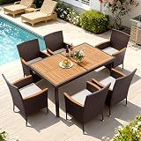 Devoko 7 PCS Acacia Wood Patio Dining Set, Brown Rattan