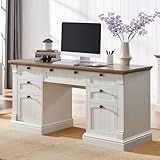 OKD 60" Executive Desk with Drawers, Farmhouse Home Office Desk with Charging Station, Keyboard Tray, File Cabinet Storage, Wood Computer Desk for Work and Study, Antique White