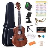ADM Ukulele Beginner Kit Mahogany Hawaiian Wood Ukelele Bundle Ukalalee Set with Uke Free Starter Lessons for kids Students and Adults, Yellow Brown (Khaki, 23 inch)