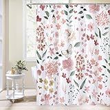 Litabel Pink Floral Shower Curtain, Plant Leaves with Flower Shower Curtains for Summer Pink Bathroom Decor, Modern Farmhouse Waterproof Fabric Botanical Shower Curtain Set with Hooks 72x72 Inch