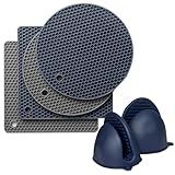 SUYTQEA 4 Pcs Silicone Trivet Mats for Kitchen Counter, Silicone Oven Mitts and Pot Holders Set for Hot Pan and Pot Pads, Heat Resistant Multipurpose Potholders, Grey & Navy Blue