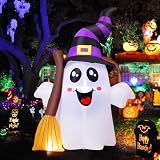 GOOSH 6.2 FT Halloween Inflatables Ghost Outdoor Decorations Blow Up Yard Cute Ghost Holding Broom with Built-in LEDs for Garden Lawn Indoor Party Decor