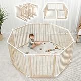 Comfy Cubs Baby Gate Playpen - 57 x 57 x 25 in, Extends Up to 228” - Pine Wood Foldable Playpen with Child-Proof Lock - Easy Assembly Baby Fence Play Area for Babies & Toddlers - Light Wood White