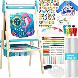 Belleur All-in-One Art Easel for Kids, Adjustable Double Sided Easel for Toddlers with Magnetic Whiteboard & Dry-Erase Chalk Board & Paper Roll, Child Painting Easel for Kid 2-8 Birthday Gift - Blue