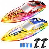 DEERC 2-Pack RC Boats for Kids, Fast Remote Control Boat with 4×1200mAh Batteries, 120 Min Runtime, 7 LED Lights Mode, Capsize Recovery, 2.4GHz Racing, Pool & Lake Toy