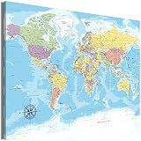 artgeist Pinboard World Map 35x24 in - Cork Board & Canvas Print Wall Art 1 pcs Memoboard with 50 Pins Noticeboard Message Board Image Picture Home Decor Travel Map Map of The World k-C-0128-p-a