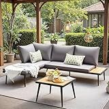 Devoko Outdoor Sectional Furniture Patio Sectional Sofa with Acacia Wood Table, Patio L-Shaped Conversation Set with All-Weather Cushion for Patio,Garden,Backyard(Gray)