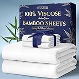DECOLURE 100% Viscose Derived from Bamboo Sheets Queen Size 4pcs - Ultra Soft & Luxuriously Cooling, 17" Deep Pocket, Double Stitching, Perfect for Hot Sleepers - Queen Bed Sheets (White)
