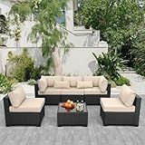 Rattaner Patio Sectional 6 Pieces All-Weather Wicker Patio Furniture Set Outdoor Sectional with Glass Table Non-Slip Cushions and Waterproof Cover, Khaki