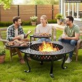 43" Large Fire Pit for Outside with 2 Adjustable Grills,Lid & Fire Poker