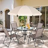 Vongrasig 6 Pieces Folding Patio Dining Set, All Weather Small Metal Outdoor Table and Chair Set, Garden Patio Furniture Set w/Umbrella, Glass Table & 4 Folding Chairs for Lawn, Backyard, Brown