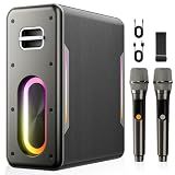 Karaoke Machine for Adults, Portable Bluetooth Karaoke Speaker with 2 Wireless Microphones, 2 Voice Mode & LED Party Lights, Birthday Gifts for Kids Family,Supports BT/TWS/AUX/USB/TF (Black)