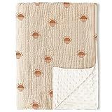 Konssy Baby Blankets for Unisex Boys Girls, Super Soft Nursery Minky Blankets with Muslin Cotton Front and Dotted Fleece Backing, Printed Bed Throws Newborn