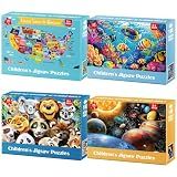 Jeacirio 4 Pack 100 Piece Puzzles for Kids Ages 4-6 6-8 8-10, Educational Jigsaw Puzzles for Kids, USA Map Ocean Animals Space Wild Animals Puzzle Set, Learning Toys Gifts for Boys Girls
