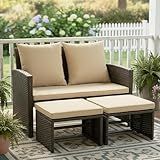 Tangkula Outdoor Loveseat with 2 Ottomans, 3 Pieces Patio PE Wicker Furniture Set with Cushions, Outside Rattan Conversation Set for Balcony, Garden and Backyard (Brown)