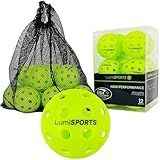 Lumi SPORTS 12-Pack Premium Outdoor Pickleball Balls | 40 Holes Fluorescent Green Balls | All-Surface Play | Crack-Resistance | Convenient Drawstring Mesh Bag | USAPA Official Size and Weight