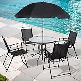 Shintenchi 6 Piece Patio Dining Set with Umbrella, Outdoor Furniture Set with 4 Folding Chairs and Tempered Glass Top Dining Table fot Lawn Backyard Garden Porch Black