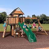 Backyard Discovery Canyon Creek Cedar Wood Swing Set with Wave Slide, Clubhouse, Play Kitchen, Picnic Area, Belt Swings, Web Swing, Rock Wall, Balconies, Playhouse, Step Ladder, Outdoor Playset